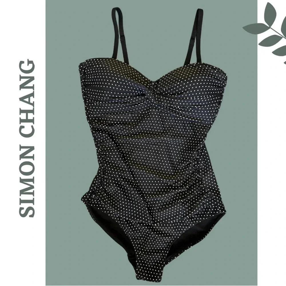 Simon Chang Women’s One Piece Swimsuit Black White Polka Dot Size 16